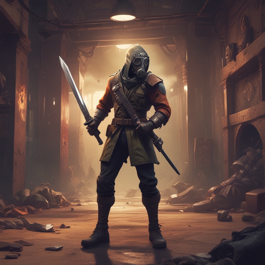 Player ready to fight Nate with gas mask and sword